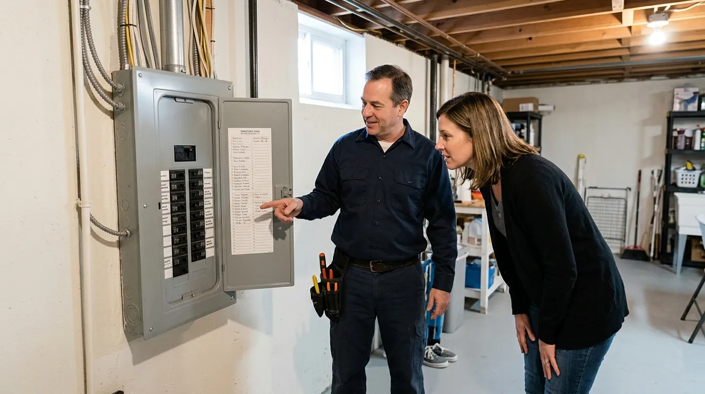 Electrician explaining a labeled breaker panel to a homeowner