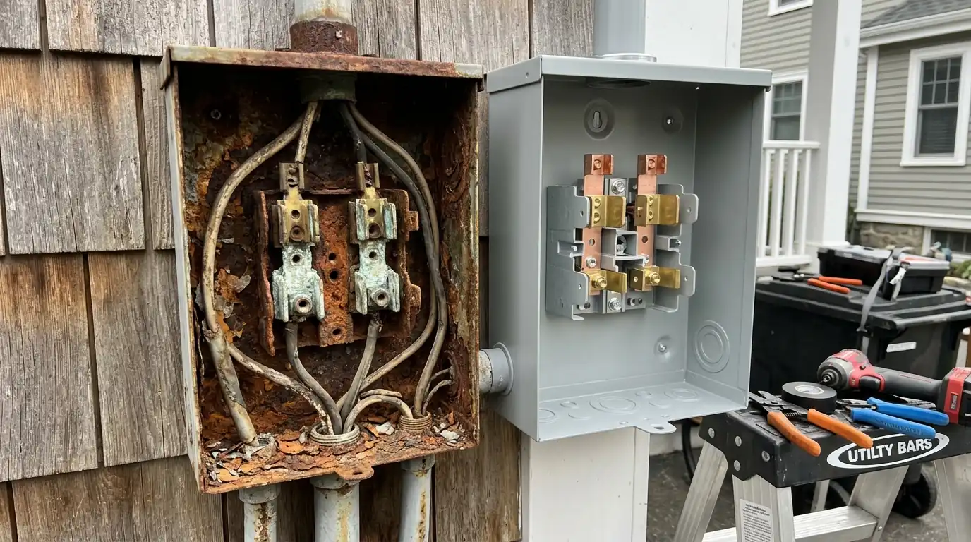 Storm-damaged service mast by a WireUp electrician