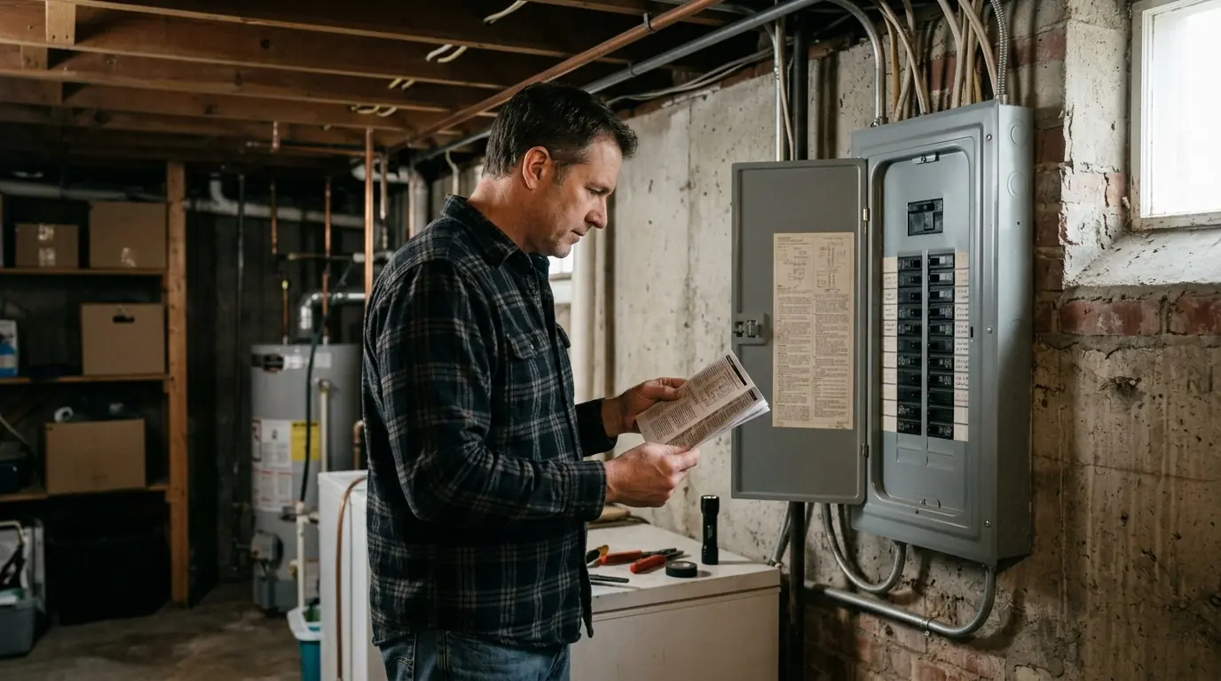 Homeowner reading an electrical guide next to a breaker panel