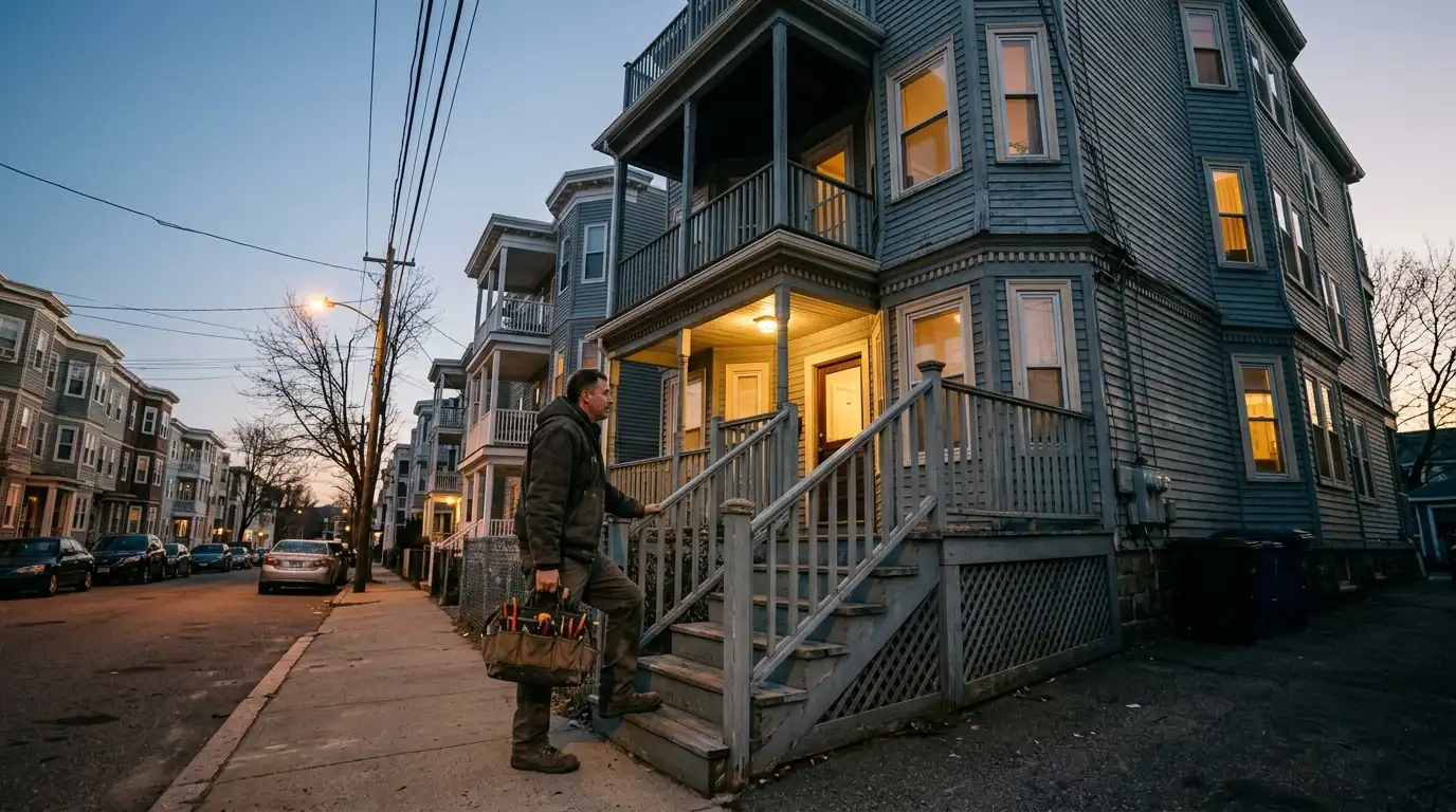Electrician arriving at a Boston triple-decker